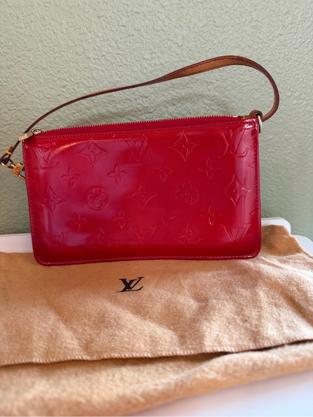 Louis Vuitton Glossy Red Vernis Wristlet Clutch with Tan Strap